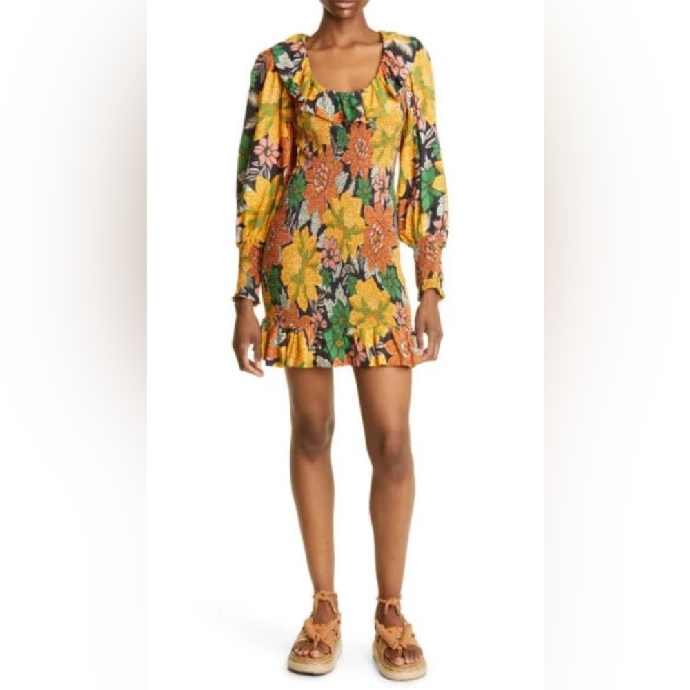 FARM Rio Exclusive Long Sleeve Minidress in Garden Black - Picture 1 of 2